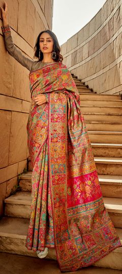 Festive, Party Wear, Traditional Beige and Brown color Saree in Handloom fabric with Bengali Floral, Printed, Weaving work : 1907278