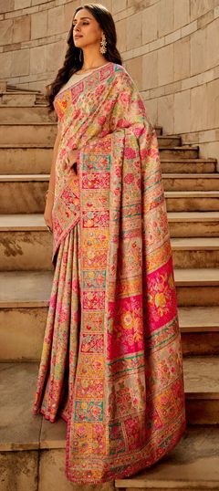 Festive, Party Wear, Traditional Beige and Brown color Saree in Handloom fabric with Bengali Floral, Printed, Weaving work : 1907279