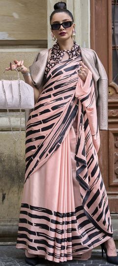 Pink and Majenta color Saree in Satin Silk, Silk fabric with Printed work