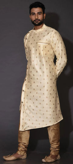 Beige and Brown color Kurta Pyjamas in Dupion Silk fabric with Weaving work