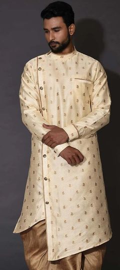 Yellow color Kurta in Dupion Silk fabric with Weaving work