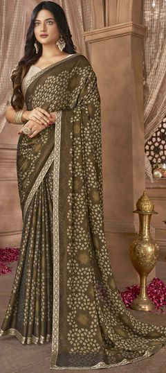 Green color Saree in Georgette fabric with Border, Printed work