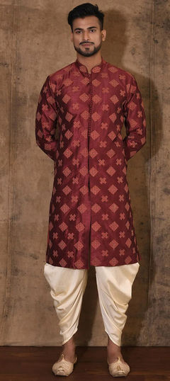 Red and Maroon color Dhoti Kurta in Art Dupion Silk fabric with Embroidered, Thread work