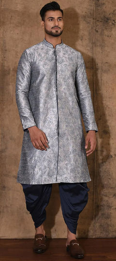 Black and Grey color Dhoti Kurta in Art Dupion Silk fabric with Embroidered, Thread work