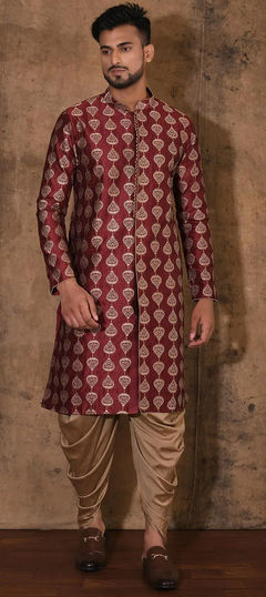 Red and Maroon color Dhoti Kurta in Art Dupion Silk fabric with Embroidered, Thread work