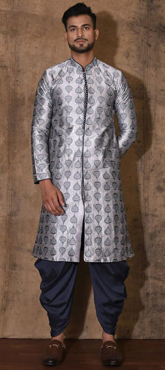 Black and Grey color Dhoti Kurta in Art Dupion Silk fabric with Embroidered, Thread work