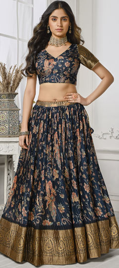 Reception, Wedding Blue color Lehenga in Silk fabric with Flared Printed, Weaving work : 1907367