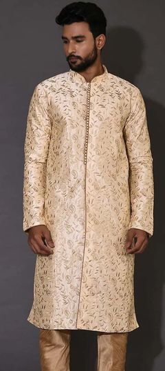 Beige and Brown color Kurta in Art Dupion Silk fabric with Embroidered, Thread work
