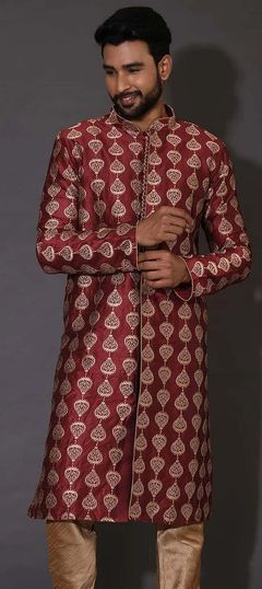 Red and Maroon color Kurta in Art Dupion Silk fabric with Embroidered, Thread work