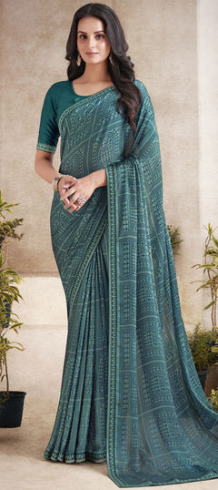 Blue color Saree in Georgette fabric with Digital Print, Lace work