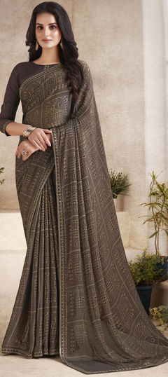 Beige and Brown color Saree in Georgette fabric with Digital Print, Lace work