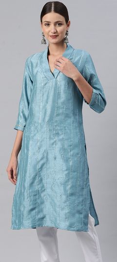 Blue color Kurti in Muslin fabric with Resham, Sequence, Thread work