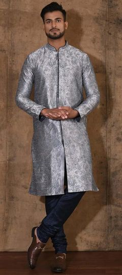 Black and Grey color Kurta Pyjamas in Art Dupion Silk fabric with Embroidered, Thread work