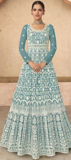 Engagement, Festive, Reception Blue color Salwar Kameez in Faux Georgette fabric with Anarkali Embroidered, Sequence, Thread work : 1907498