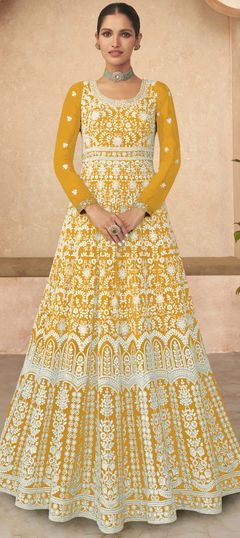 Engagement, Festive, Reception Yellow color Salwar Kameez in Faux Georgette fabric with Anarkali Embroidered, Sequence, Thread work : 1907502