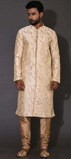 Beige and Brown color Kurta Pyjamas in Art Dupion Silk fabric with Embroidered, Thread work