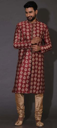 Red and Maroon color Kurta Pyjamas in Art Dupion Silk fabric with Embroidered, Thread work