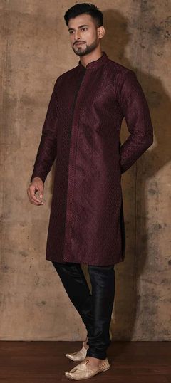 Purple and Violet color Kurta Pyjamas in Art Dupion Silk fabric with Embroidered, Thread work