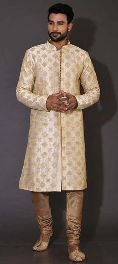 Beige and Brown color Kurta Pyjamas in Art Dupion Silk fabric with Embroidered, Thread work