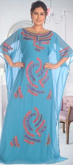 Blue color Kaftan in Georgette fabric with Embroidered, Thread work