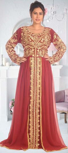 Red and Maroon color Kaftan in Georgette fabric with Embroidered, Thread work