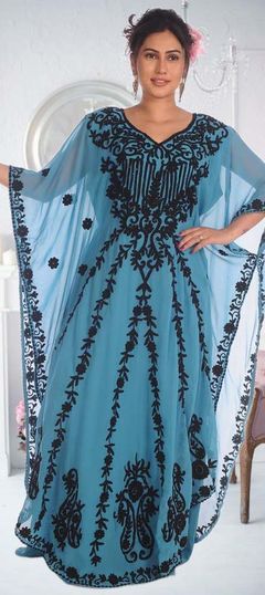 Blue color Kaftan in Georgette fabric with Embroidered, Thread work