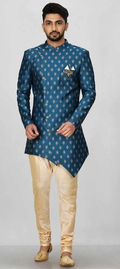 Party Wear, Wedding Blue color Kurta Pyjamas in Jacquard fabric with Broches, Weaving work : 1907657