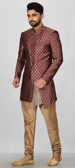 Party Wear, Wedding Red and Maroon color Kurta Pyjamas in Jacquard fabric with Broches, Weaving work : 1907660