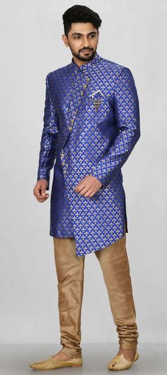 Party Wear, Wedding Blue color Kurta Pyjamas in Jacquard fabric with Broches, Weaving work : 1907663