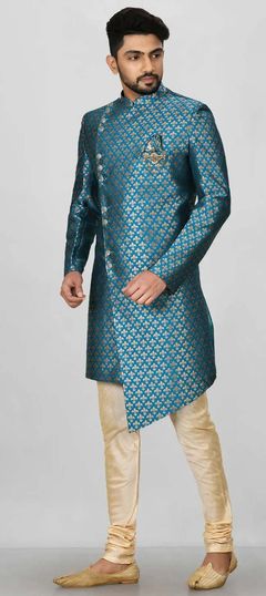 Party Wear, Wedding Blue color Kurta Pyjamas in Jacquard fabric with Broches, Weaving work : 1907665