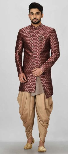 Red and Maroon color Dhoti Kurta in Jacquard fabric with Broches, Weaving work