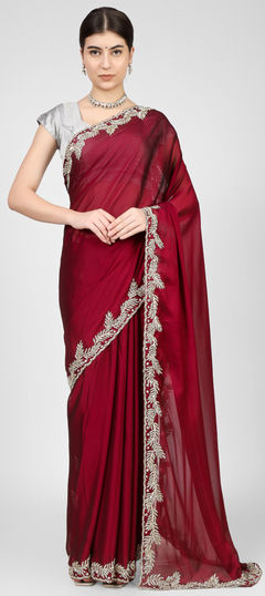 Red and Maroon color Saree in Silk fabric with Cut Dana, Resham, Thread, Zircon work