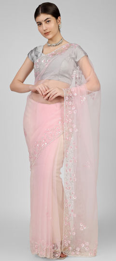 Pink and Majenta color Saree in Organza Silk, Silk fabric with Cut Dana, Resham, Thread, Zircon work