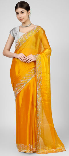 Yellow color Saree in Silk fabric with Cut Dana, Resham, Thread, Zircon work