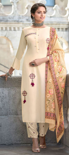 Beige and Brown color Salwar Kameez in Rayon fabric with Digital Print, Embroidered, Resham, Zari work