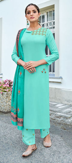 Green color Salwar Kameez in Rayon fabric with Digital Print, Embroidered, Resham, Zari work