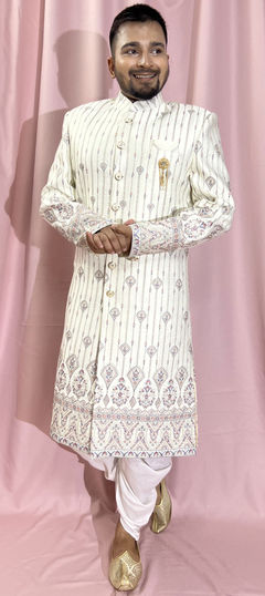 Beige and Brown color Sherwani in Silk fabric with Embroidered, Sequence, Thread work