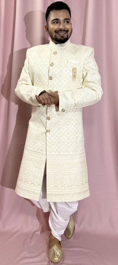 Beige and Brown color Sherwani in Silk fabric with Embroidered, Sequence, Thread work