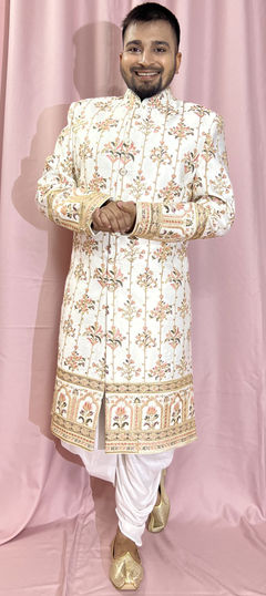 Beige and Brown color Sherwani in Silk fabric with Embroidered, Thread, Zari work