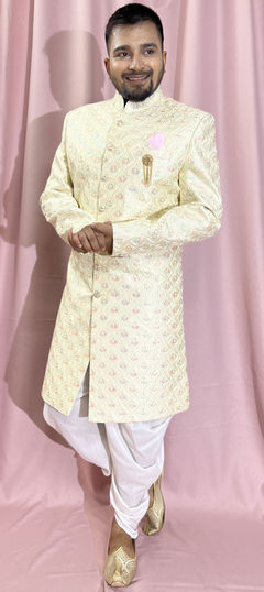 Beige and Brown color IndoWestern Dress in Silk fabric with Embroidered, Sequence, Thread work