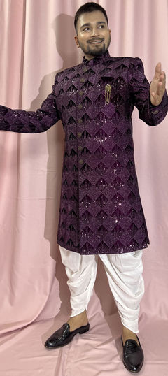 Purple and Violet color IndoWestern Dress in Velvet fabric with Sequence, Thread work
