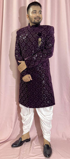 Purple and Violet color IndoWestern Dress in Velvet fabric with Embroidered, Sequence, Thread work
