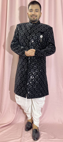 Black and Grey color IndoWestern Dress in Velvet fabric with Embroidered, Sequence, Thread work