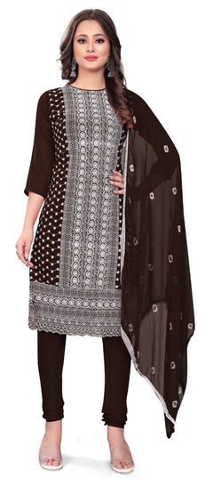 Beige and Brown color Salwar Kameez in Georgette fabric with Embroidered, Resham, Thread work