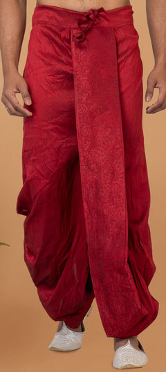 Red and Maroon color Dhoti in Dupion Silk fabric with Thread work