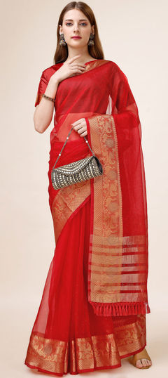 Party Wear, Traditional Red and Maroon color Saree in Organza Silk fabric with South Stone, Weaving work : 1908045