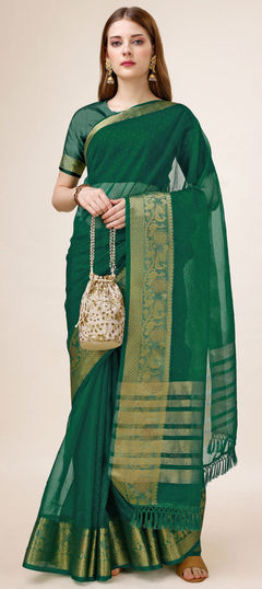 Party Wear, Traditional Green color Saree in Organza Silk fabric with South Stone, Weaving work : 1908046