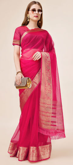 Party Wear, Traditional Pink and Majenta color Saree in Organza Silk fabric with South Stone, Weaving work : 1908047