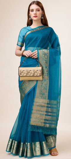 Party Wear, Traditional Blue color Saree in Organza Silk fabric with South Stone, Weaving work : 1908048