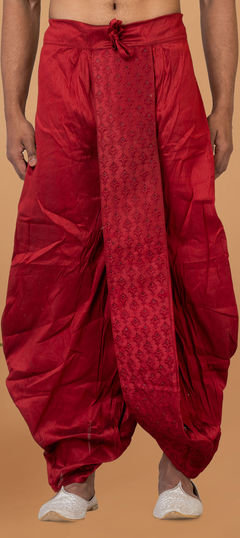 Red and Maroon color Dhoti in Dupion Silk fabric with Thread work